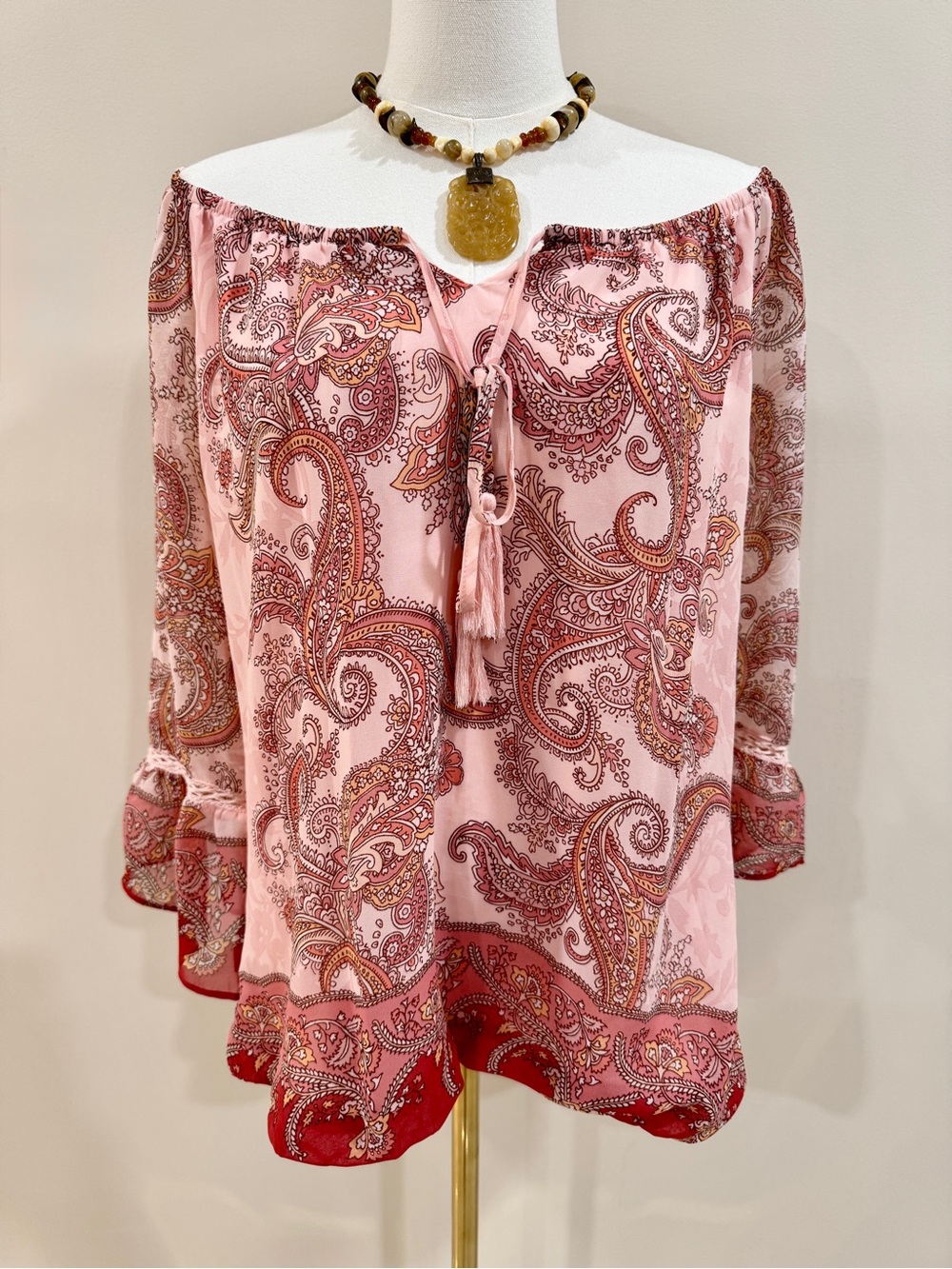 Rose Pink Paisley Boho Peasant Blouse Bell Sleeve Tassel Top Size PXL